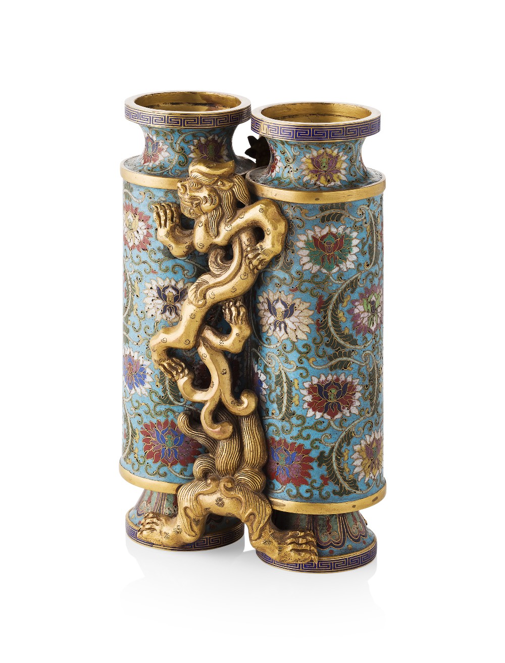 CLOISONNÉ ENAMEL AND GILT-BRONZE 'CHAMPION' VASEQING DYNASTY, 19TH CENTURYeach cylindrical section