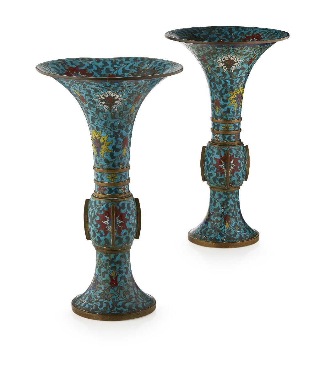 PAIR OF CLOISONNÉ ENAMEL VASES, GUQING DYNASTY, 19TH CENTURYthe bulbous mid-section rising from a