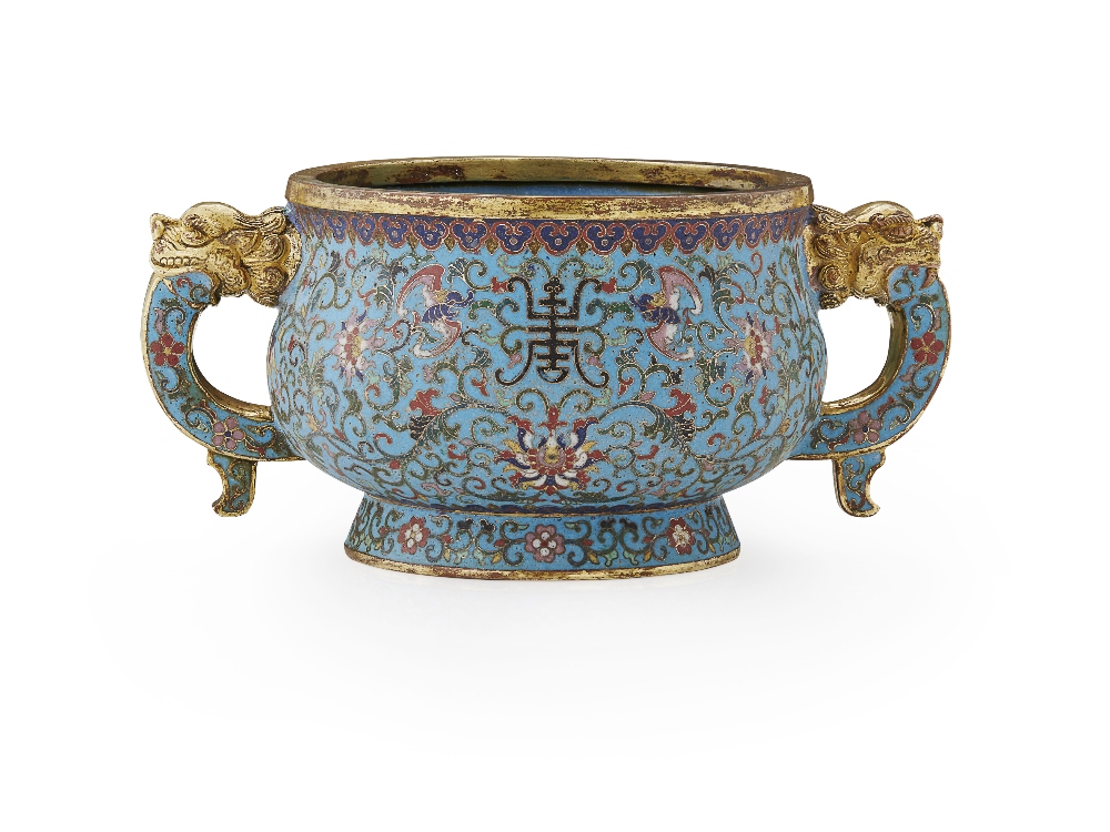 CLOISONNÉ ENAMEL INCENSE BURNER, GUIQING DYNASTY, 19TH CENTURYimitating the form of an archaic