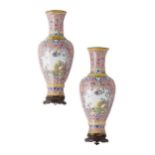 PAIR OF CANTON ENAMEL WALL VASESQIANLONG PERIODflat on one side and of baluster form with long