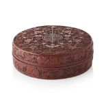 CARVED CINNABAR LACQUER CIRCULAR BOX AND COVERthe cover crisply carved with a central shou medallion