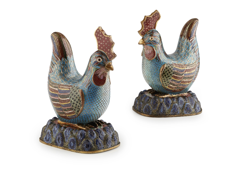 PAIR OF CLOISONNÉ ENAMEL MODELS OF COCKRELSQING DYNASTY, 19TH CENTURYmodelled crouching on a rocky