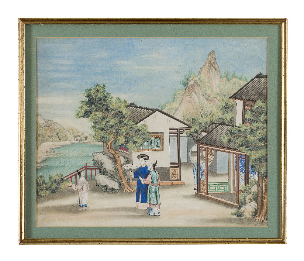 EXPORT GOUACHE PAINTINGQING DYNASTY, 19TH CENTURYdepicting a lady and her two attendants in the