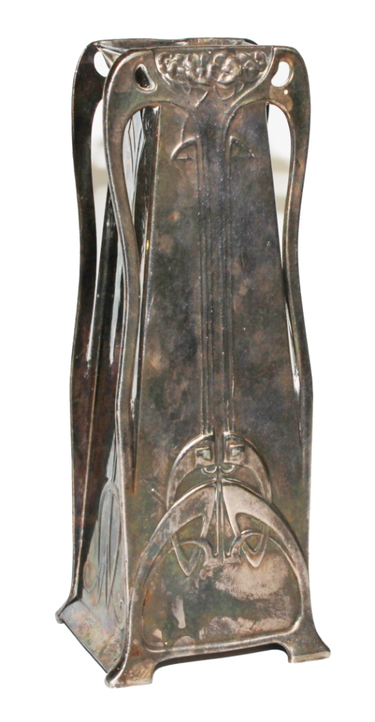 A white metal Art Nouveau bud vase with stylised floral design in the style of Archibald Knox,