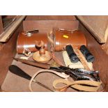 An eclectic lot to include a collection of mid 20th century binoculars, a wooden pipe holder, shoe