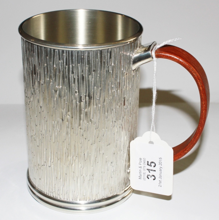 A superb Royal Selangor pewter mug with side handle and engine turned finish