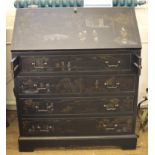 A Georgian-style lacquered bureau with profuse hand painted Japanese allegorical scenes, fold down