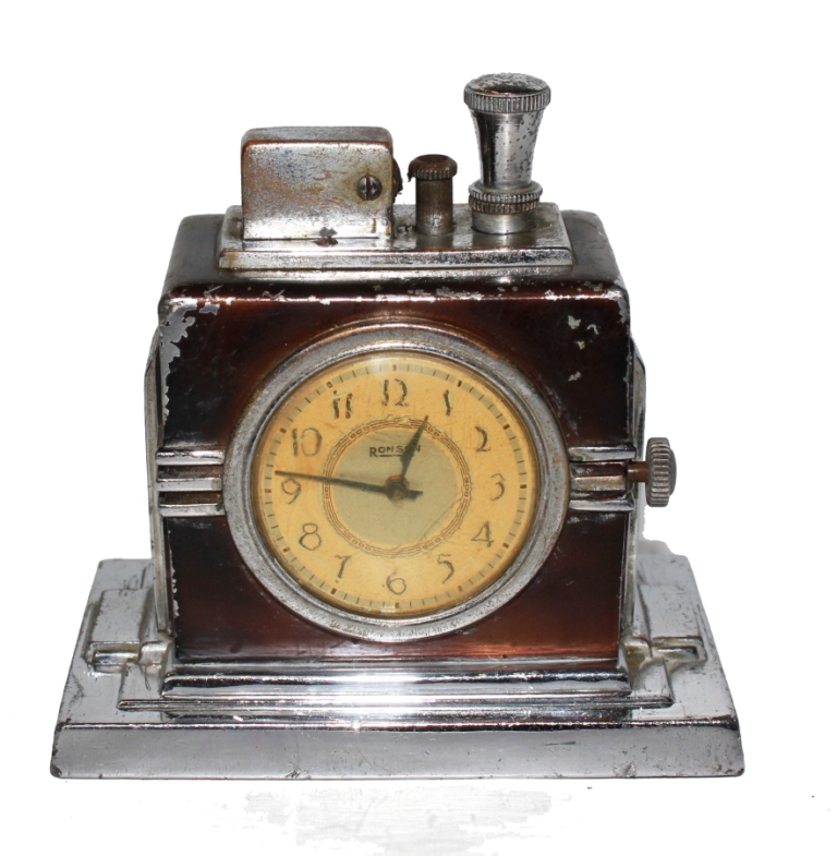 A Ronson Art Deco cigarette lighter and desk clock on an oblong base, 10cm x 10cm