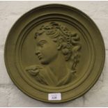 A 19th century gilded plaster circular relief of a lady in  Classical pose, 32cm diameter