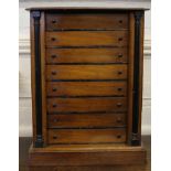 An early 19th century mahogany collectors cabinet of Lepidoptera interest with shaped top, eight