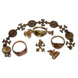 A selection of gold scrap, mixed carats and a silver gilt bracelet