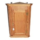 A 19th century pine corner unit with shaped cornice, singled panelled door with shelved interior