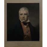 After Sir Henry Raeborn, a framed coloured engraving of Sir Walter Scott engraved by E. Mitchell and