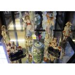A selection Staffordshire flat back figurine, a Poole Pottery circular marmalade jar with lid and