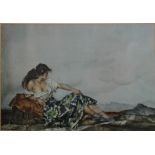 William Russell Flint, print, study of a seated female in diaphanous robes, 24 cm x 34 cm