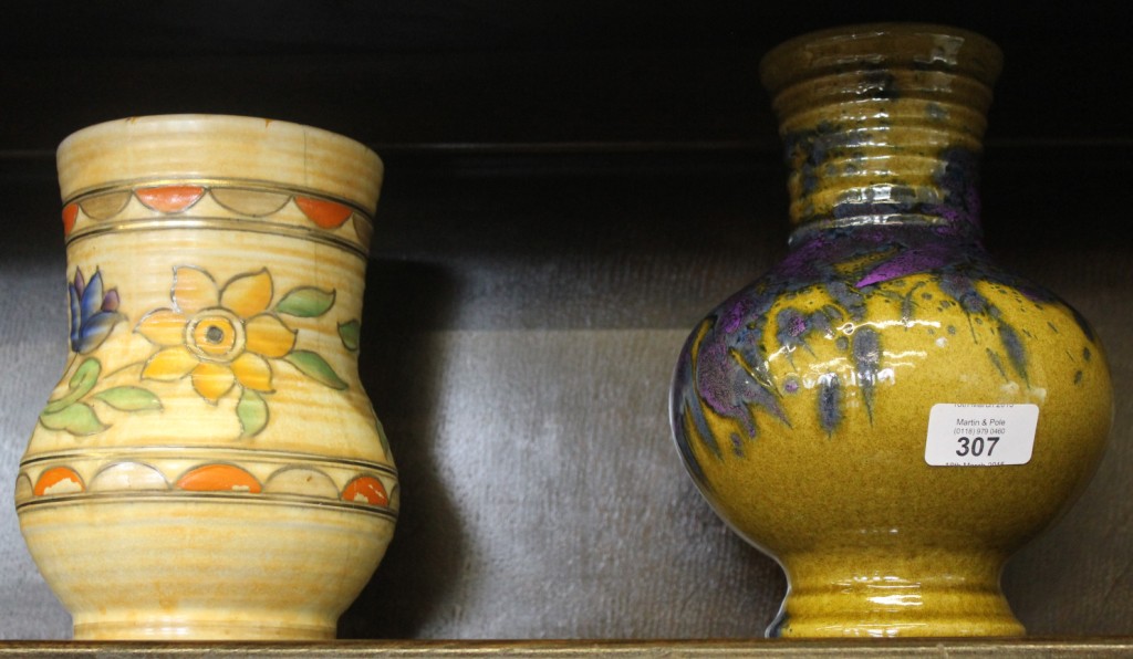 A pottery vase by Crown Ducal with Charlotte Rhead signature to base, as found, together with