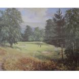 A series of three golfing prints, one by Peter Owen Jones and two by Douglas E. West, framed and