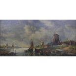 Indistinctly signed, oil on board, Dutch river scene with boats and windmill, framed and mounted, 20