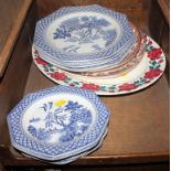 Royal Staffordshire nine blue and white willow pattern hexagonal shaped ironstone plates, together