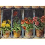 Oil on board, still life of flowers on a ledge, signed with monogram R.H. Framed, 29 cm x 39 cm