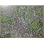 A coloured framed print map of Bath, 44 cm x 60 cm