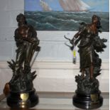 A pair of early 20th century bronzed spelter figurines of 'Faucheur' after Louis Moreau on a