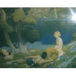 After Harold Speed, an Art Deco coloured print depicting Daphnis and Chloe, framed and mounted, 30