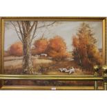 Unsigned oil on canvas, autumnal scene with two gun dogs, framed and mounted, 60cm x 90cm