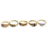 A collection of five 18 carat gold rings, set sapphires and diamonds, 16.1 grams