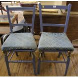 A pair of late 19th century blue painted occasional chairs with ladder-back supports, swab cushions,