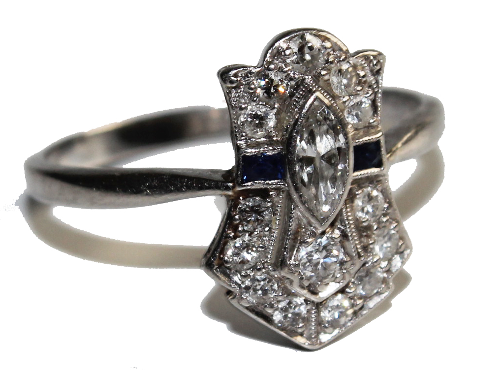 A platinum Art Deco cluster ring, rub set with one central marquise diamond flanked by one