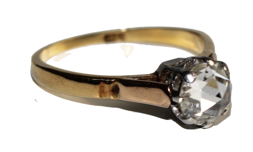 A 18 carat solid gold solitaire ring claw set one single Dutch rose cut diamond, approx total