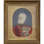 An interesting World War One upholstered depiction of a uniformed decorated veteran, framed and