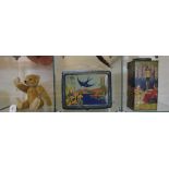 Four lithographed produce tins and a Mr Bear teddy