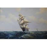 Unsigned, oil on canvas,  SHIPS SAILING ON THE HIGH SEAS,  framed, 60cm x 90cm £70-100