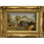 Gordon Lees, oil on board DEPARTURES AND ARRIVALS In ornate frame, 24cm x 39cm  £40-60