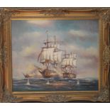 Unsigned, oil on canvas SHIPS IN BATTLE AT SEA In ornate gilt frame, 50cm x 60cm  £50-80