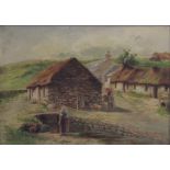 G. W. Graham, oil on canvas,  WOMEN WORKING NEAR THATCHED COTTAGE framed, 24cm x 34cm £30-50