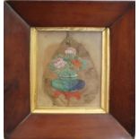 Unsigned, miniature silk still life on leaf in 19th century mahogany frame, 12xcm x 10cm  £30-50