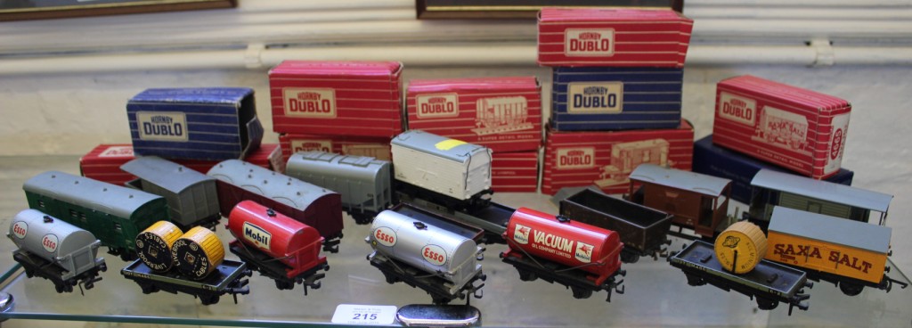 Selection of seventeen Hornby-Dublo wagons, including Saxa Salt, ESSO and Mobil, eleven with