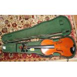 A child's practice violin in carry case, 60cm long