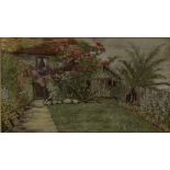 An early silk needlework picture of a thatched cottage garden by Laura S. Blackburn of Gedling