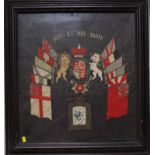 A World War I silk and embroidered commemoration with parade of flags, framed and mounted, 56cm x