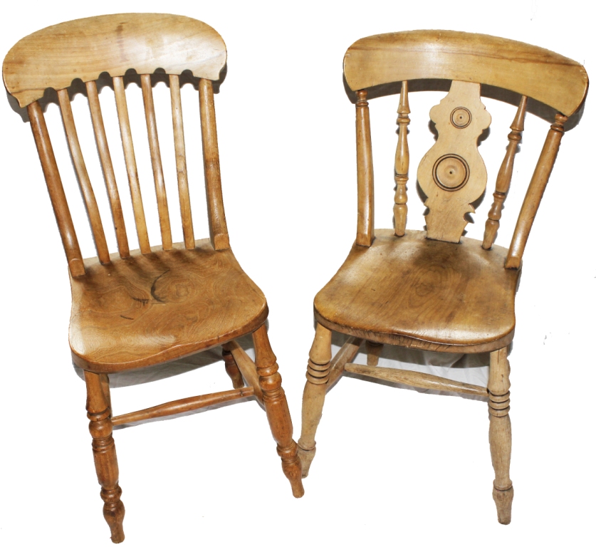 Two 19th century elm seated kitchen chairs with shaped top rails, spindle supports, raised on turned