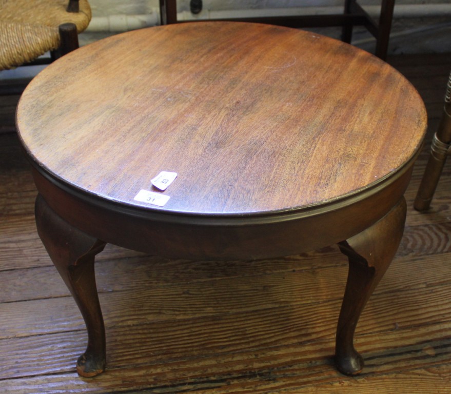 A Victorian-style mahogany circular occasional table with shaped top, plain frieze, raised on