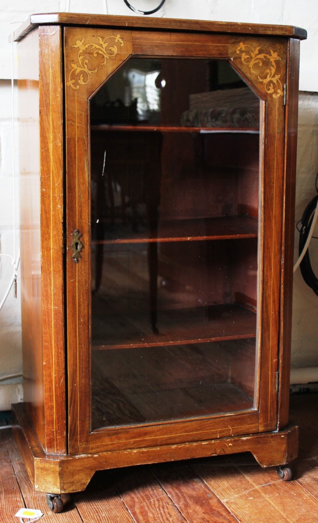 An early 19th century mahogany side cabinet with all-over string inlay, brass 3/4 gallery, marquetry