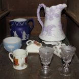 A Victorian water jug with attractive lilac slip ware, together with assorted household glass and