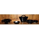 A set of six vintage Bagley 'Jetique' black art glass polka dot household ceramics