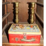 A pair of Victorian brass candlesticks and a Roy Rogers / Dale Evans oblong lunch box tin