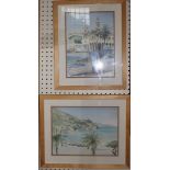 Amy F. Green, pair of watercolours,  CONTINENTAL COASTAL SCENES 35cm x 36cm and 27cm x 37cm